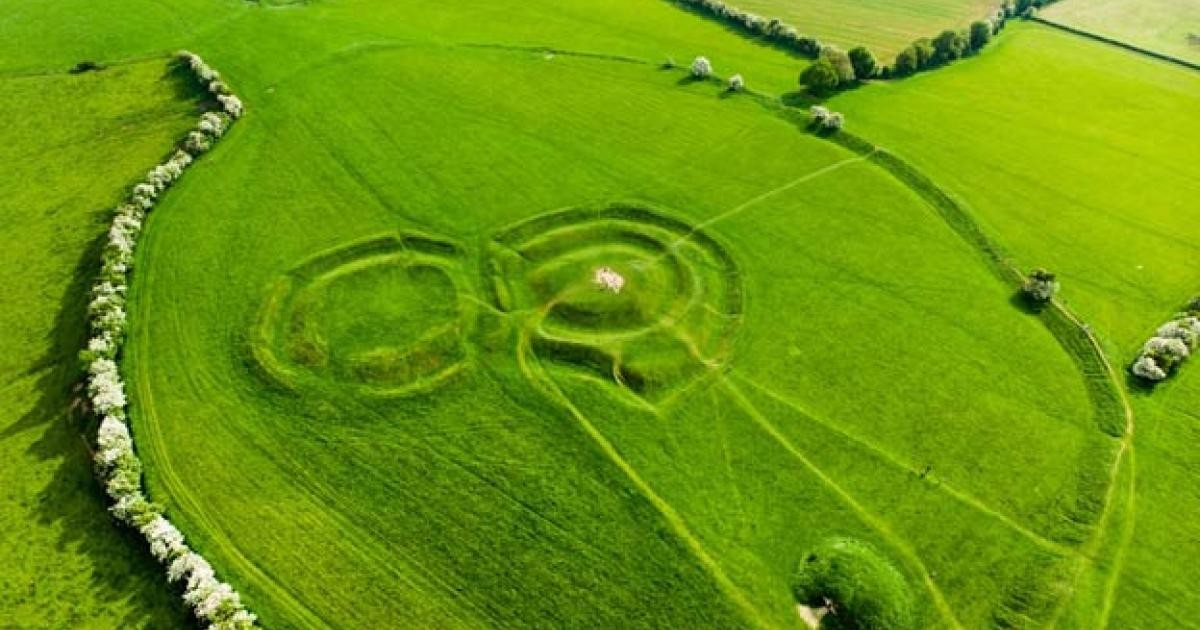 Aerial view of the earthworks on the Hill of Tara